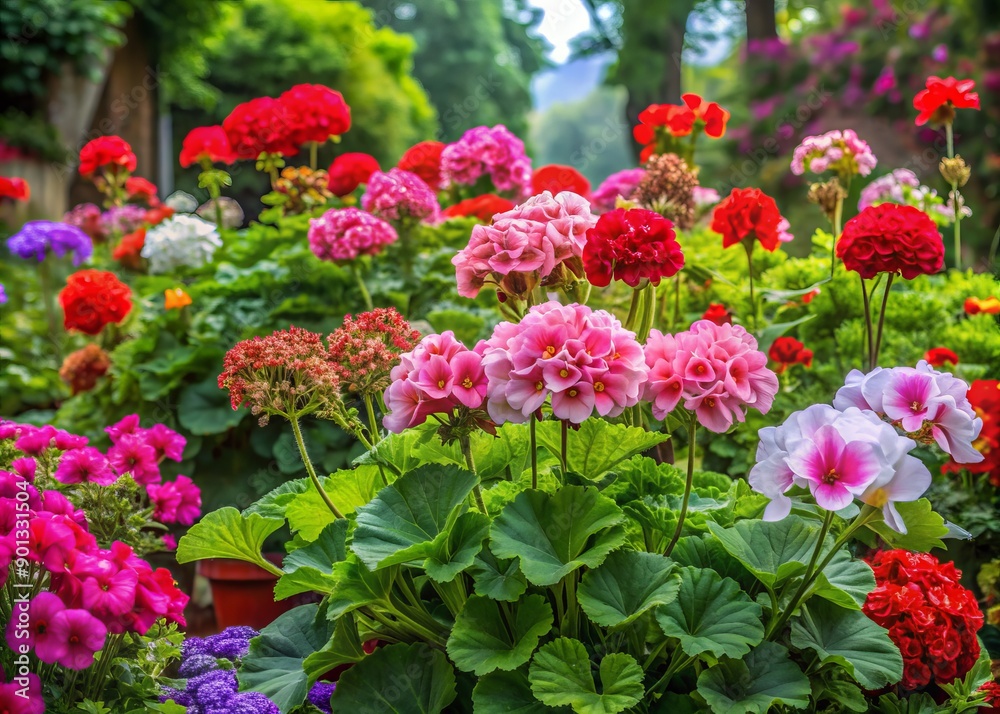 Vibrant geraniums and pelargoniums bloom in a lush garden, surrounded by verdant foliage, against a stunning botanical backdrop of varied textures and hues. Vibrant geraniums and pelargoniums bloom in a lush garden, surrounded by verdant foliage, against a stunning botanical backdrop of varied textures and hues.