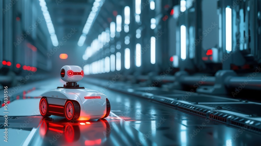 Obraz premium A futuristic robot in a high-tech environment, showcasing advanced technology and automation in a modern warehouse.