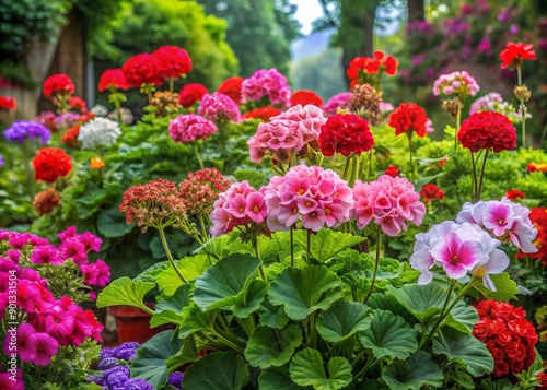 Vibrant geraniums and pelargoniums bloom in a lush garden, surrounded by verdant foliage, against a stunning botanical backdrop of varied textures and hues.