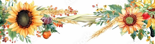 Floral Farm Wreath A watercolor wreath featuring farmrelated elements like wheat stalks, sunflowers, and vegetables photo