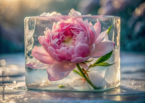 Delicate pink peony flower frozen in a block of transparent ice, soft focus and gentle lighting accentuate the intricate textures and details of the bloom. photo