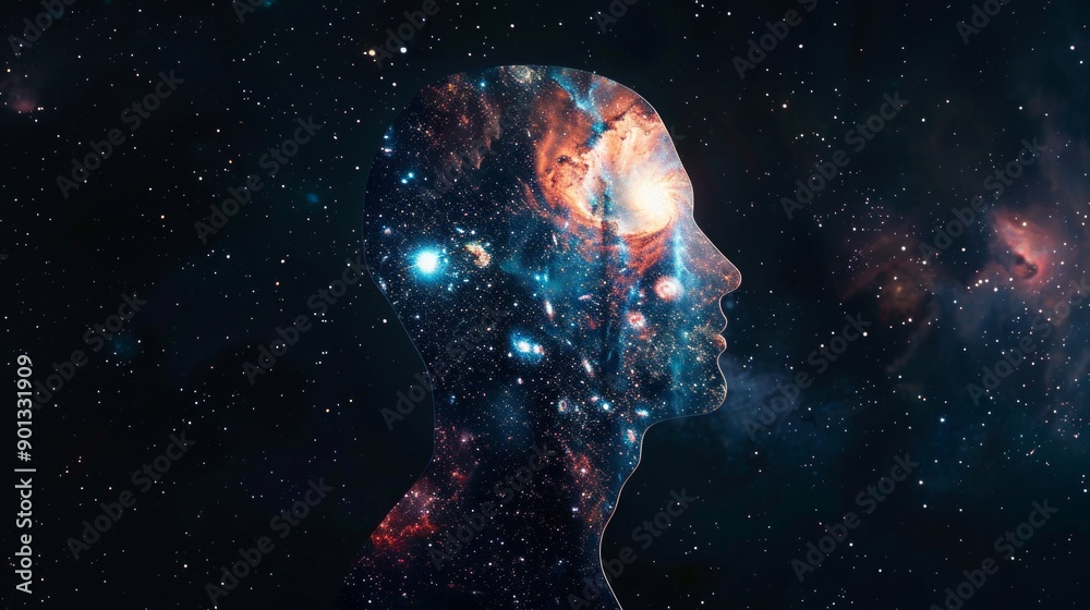 A human silhouette filled with the cosmos, with stars, galaxies, and nebulae inside the figure. A human silhouette filled with the cosmos, with stars, galaxies, and nebulae inside the figure.