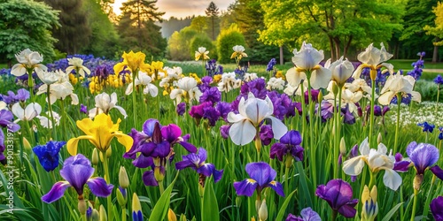 Vibrant irises in shades of purple, blue, yellow, and white bloom amidst lush green foliage in a serene and picturesque June garden setting. photo