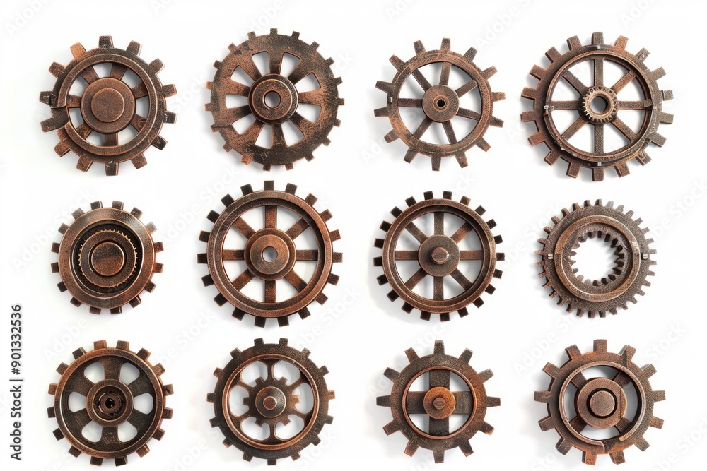 Collection of mechanical cogwheels on white background