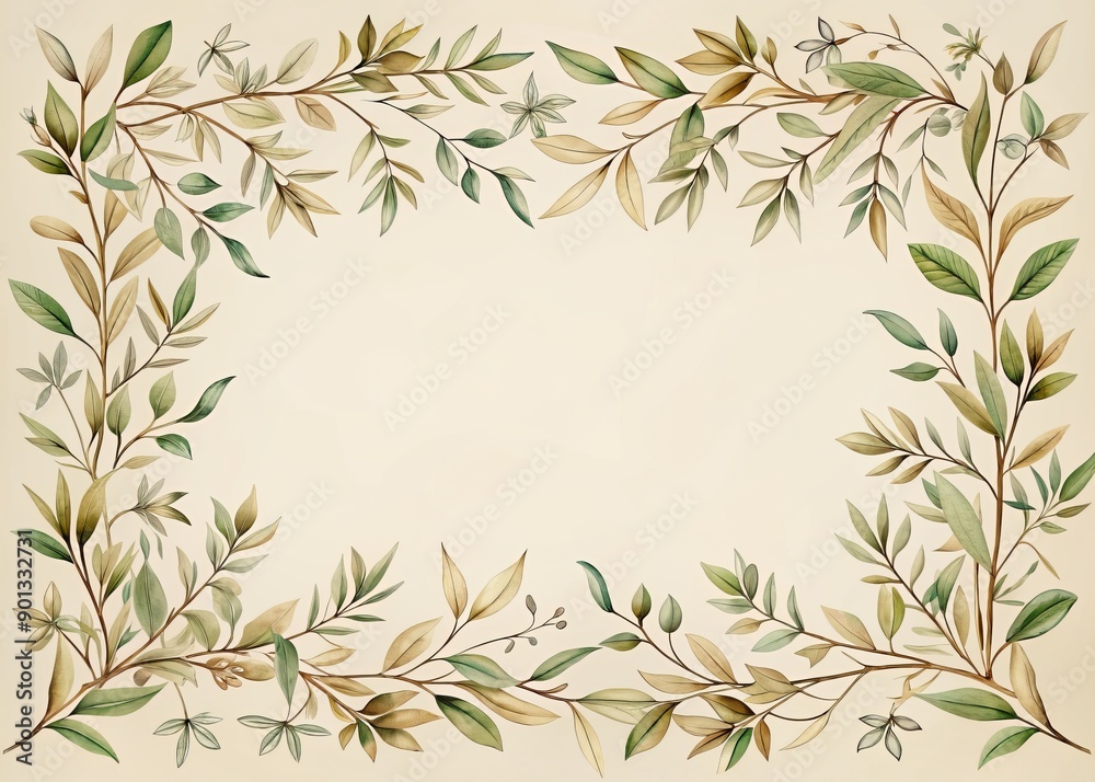 Delicate, handmade botanical frame composed of intertwined leaves and twigs on a soft, creamy background, ideal for elegant wedding stationery, cards, and social media designs. Delicate, handmade botanical frame composed of intertwined leaves and twigs on a soft, creamy background, ideal for elegant wedding stationery, cards, and social media designs.