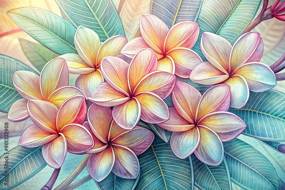 Fototapeta premium Delicate plumeria flowers bloom in soft pastel hues, intricately woven together by a continuous hand-drawn line, creating a whimsical, dreamy, and effortlessly romantic botanical illustration.