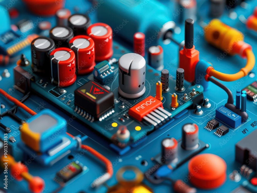 Close-up view of a colorful electronic circuit board with various components showcasing modern technology and intricate design. Close-up view of a colorful electronic circuit board with various components showcasing modern technology and intricate design.