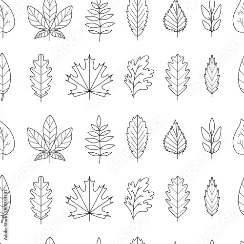 Linear botanical fall seamless ornament. Autumn leaves contours - maple, oak, aspen, acacia. Golden season. Pattern, background, digital paper, wallpaper. Black and white line art.