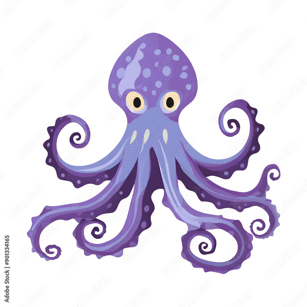 A vibrant cartoon octopus with purple body and waving tentacles, isolated on transparent or white background A vibrant cartoon octopus with purple body and waving tentacles, isolated on transparent or white background