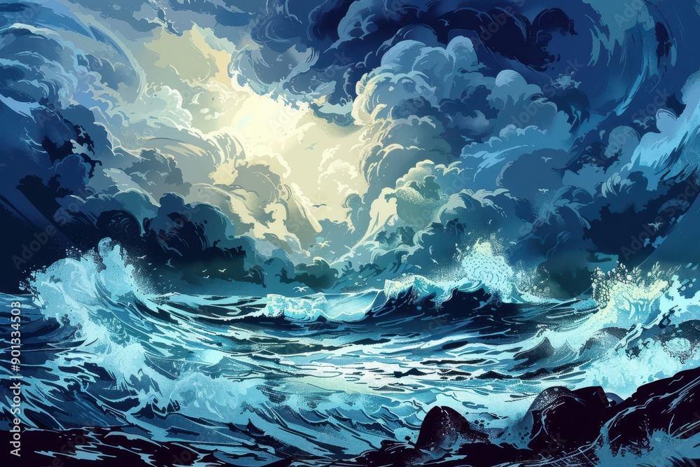 Dark Stormy Ocean with Towering Waves and Foreboding Clouds Dark Stormy Ocean with Towering Waves and Foreboding Clouds