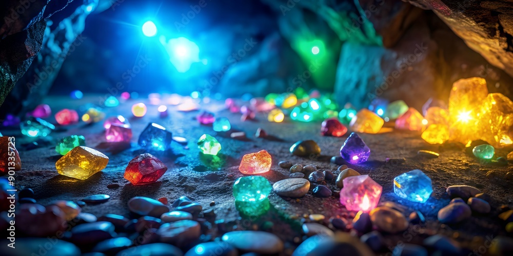 Glowing gemstones scattered on the cave floor AI Generative, crystals, gemstone, turquoise, violet Glowing gemstones scattered on the cave floor AI Generative, crystals, gemstone, turquoise, violet
