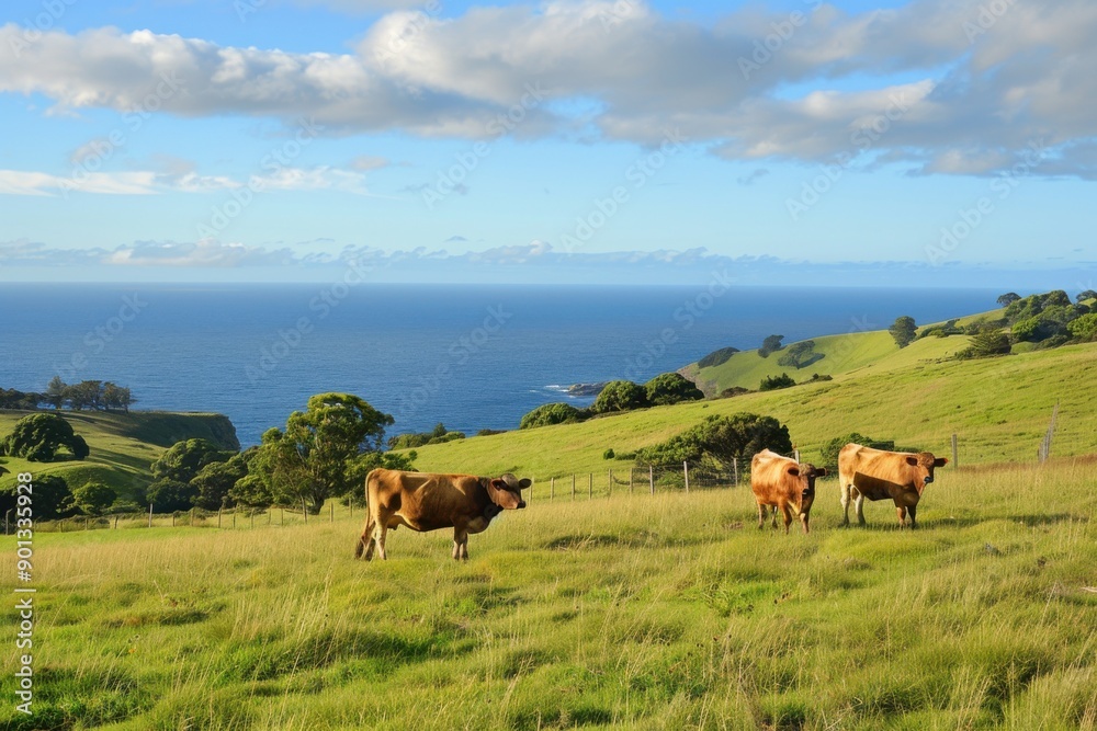 Farm Cows. Pasture with Dairy Cows Grazing by the Ocean in Victoria Farm Cows. Pasture with Dairy Cows Grazing by the Ocean in Victoria