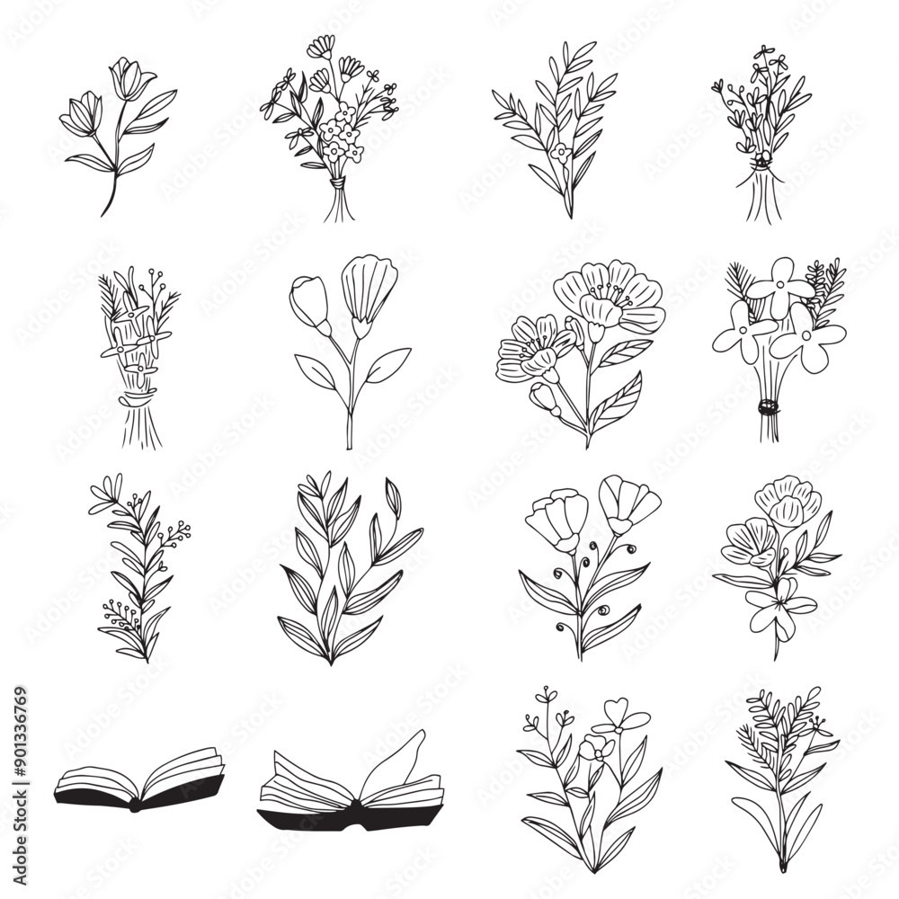 set of hand drawing line floral . Hand drawn wild field flora, flowers, leaves, herbs, plants, branches. set of hand drawing line floral . Hand drawn wild field flora, flowers, leaves, herbs, plants, branches.