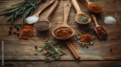 A variety of spices and herbs displayed in wooden spoons on a rustic table, featuring ingredients like cinnamon, peppercorns, and sea salt. photo