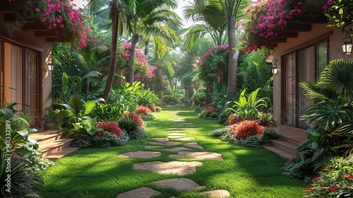 Serene tropical garden path surrounded by lush greenery, blooming flowers, and charming villas on a sunny day.