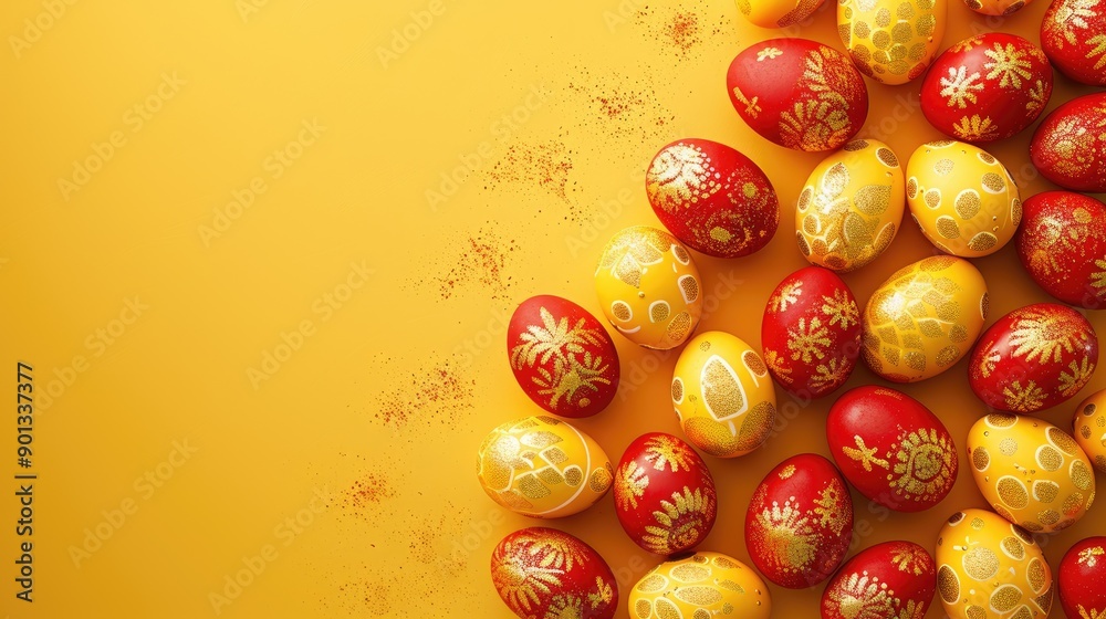 A bunch of painted eggs with a yellow background. The eggs are decorated with flowers and other designs A bunch of painted eggs with a yellow background. The eggs are decorated with flowers and other designs