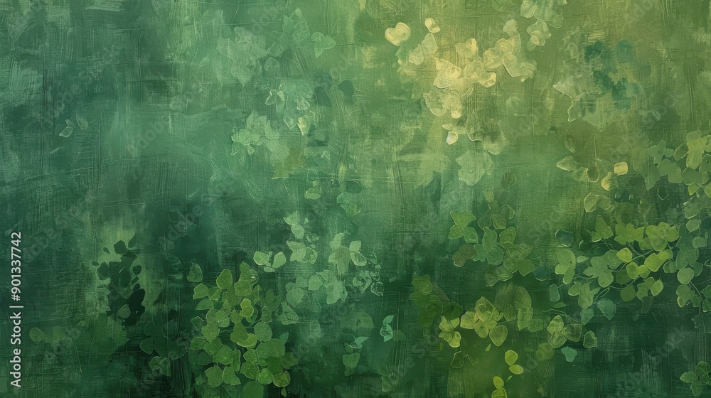 Fototapeta premium Abstract composition featuring green leaves against a textured background, creating a lush and artistic nature-inspired scene.