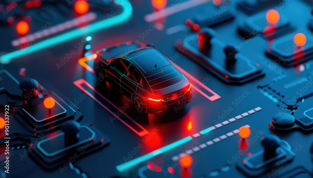 A futuristic car on a vibrant electronic circuit board, showcasing technology and innovation with glowing lights and intricate details. A futuristic car on a vibrant electronic circuit board, showcasing technology and innovation with glowing lights and intricate details.