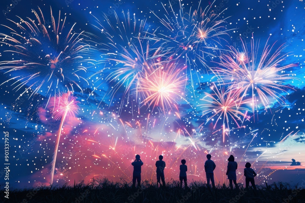 Firework Display, Fourth of July Celebration with Spectacular Night Skylight Firework Display, Fourth of July Celebration with Spectacular Night Skylight
