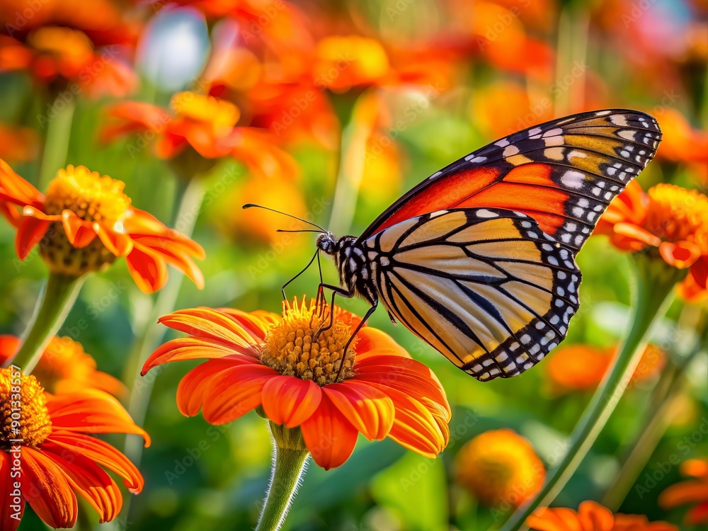 Vibrant orange Tithonia blooms sway gently in the late summer breeze as a majestic monarch butterfly rests, wings folded, on a bright flower petal. Vibrant orange Tithonia blooms sway gently in the late summer breeze as a majestic monarch butterfly rests, wings folded, on a bright flower petal.