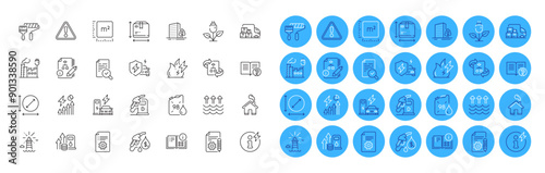 Documentation, Buildings and Power info line icons pack. Lighthouse, Algorithm, Circle area web icon. Charging station, Eco power, Help pictogram. Square meter, Fuel price, Evaporation. Vector