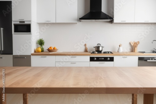 Sunlit modern kitchen with wooden island minimalist furniture and parquet flooring