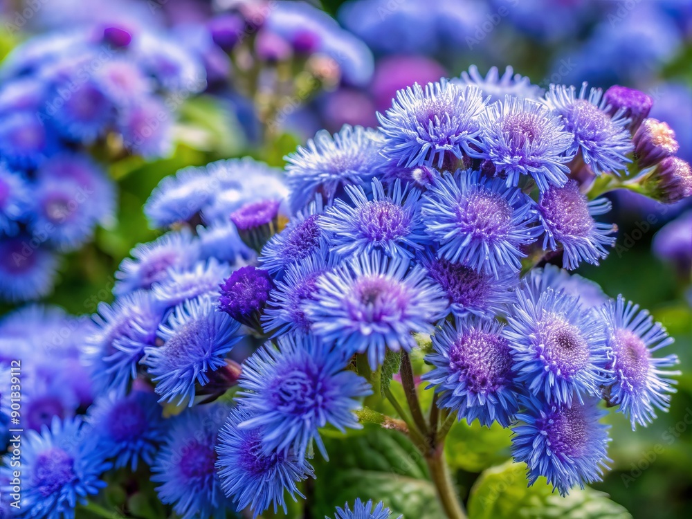 Vibrant blue Ageratum flossflowers in full bloom sway gently against a natural, earthy backdrop, showcasing delicate petals and soft, feathery plumes in stunning detail. Vibrant blue Ageratum flossflowers in full bloom sway gently against a natural, earthy backdrop, showcasing delicate petals and soft, feathery plumes in stunning detail.