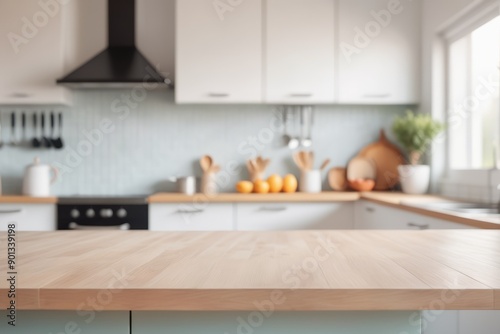 Sleek contemporary kitchen interior boasts wooden island minimalist decor and ample natural light