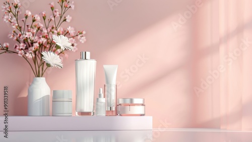 A 3D violet podium with a wave pattern showcasing skincare products in glass containers.