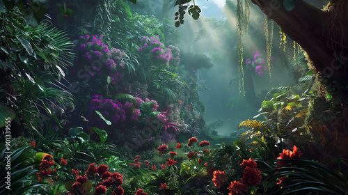 Fototapeta Naklejka Na Ścianę i Meble -  A lush, colorful jungle with a variety of flowers and plants