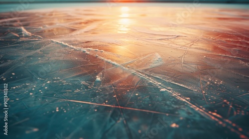 Surface of an ice rink with skate marks, Surface, winter photo