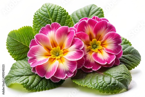 Delicate pink polyanthus flowers with ruffled petals and subtle sheen sit atop two fresh green leaves on a clean white background.