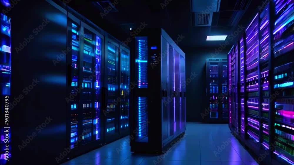 The video shows a server room with rows of large metal servers lit with blue and purple lights.