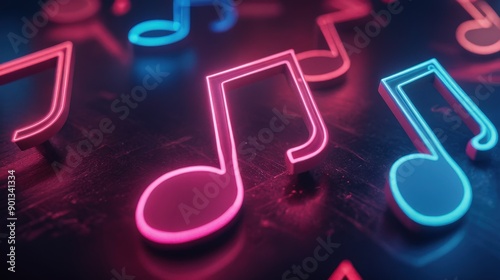 Close-up of glowing neon music notes on a dark background. Vibrant, colorful, and perfect for music-themed projects and designs. photo