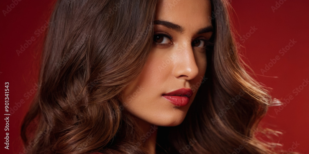Obraz premium Photo of side profile view of beautiful Middle Eastern woman with long wavy hair against a red background.