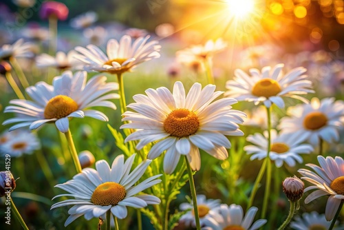 Vibrant delicate daisy blooms in the garden, softly illuminated by warm sunlight, showcasing intricate details and tender petals in a serene natural setting.