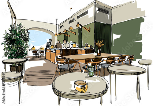 Warm Cafe Atmosphere. Slow Lifestyle Concept. Hand-Drawn Sketch, not AI