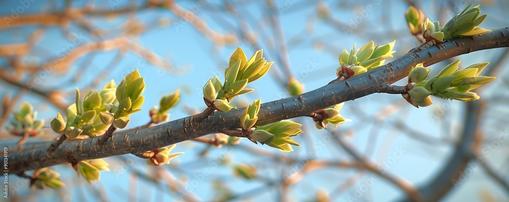 A tree branch with new green buds, signaling the arrival of spring, against a backdrop of a clear blue sky. A tree branch with new green buds, signaling the arrival of spring, against a backdrop of a clear blue sky.