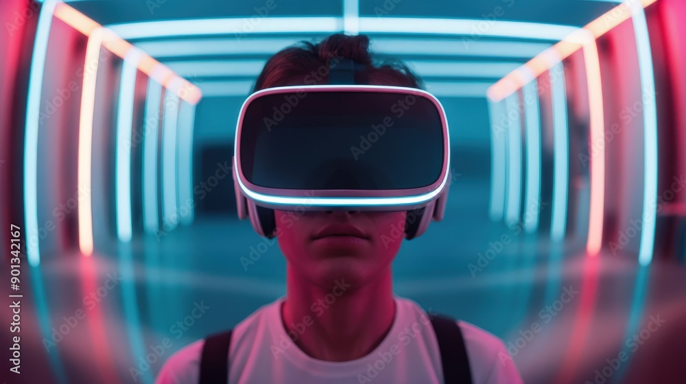 Person wearing VR headset in futuristic neon-lit corridor, representing immersive virtual reality technology and modern gaming experience. Person wearing VR headset in futuristic neon-lit corridor, representing immersive virtual reality technology and modern gaming experience.