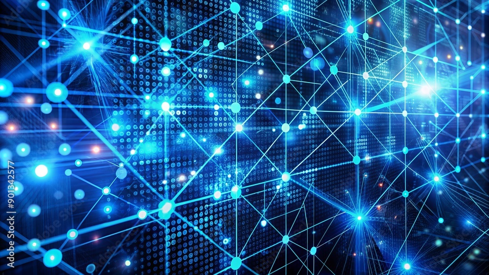 Fototapeta premium Vibrant blue digital pattern featuring abstract dots and lines, representing cutting-edge neural networks, advanced cybersecurity, rapid data flow, and powerful supercomputing technology.