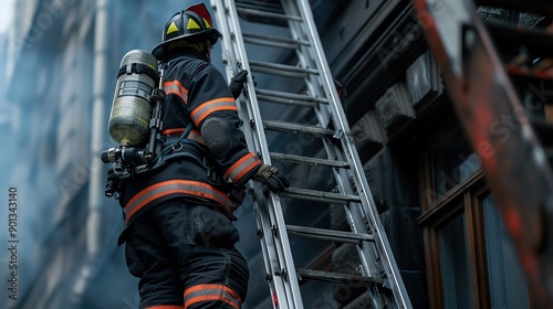 Masterpiece photo of firefighters ascending a ground ladder to reach upper floors, showcasing the essential use of ladders in building access photo