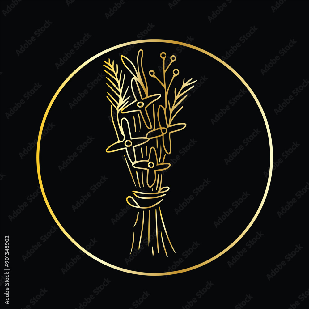 Naklejka premium Circle golden line art flower botanical. golden flower illustration. used to be logo, invitation templates layout