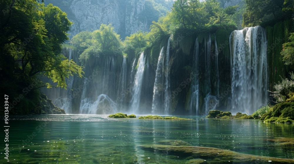Serene Waterfalls, Captivating images of cascading waterfalls in lush settings, symbolizing the purity and power of nature's water sources