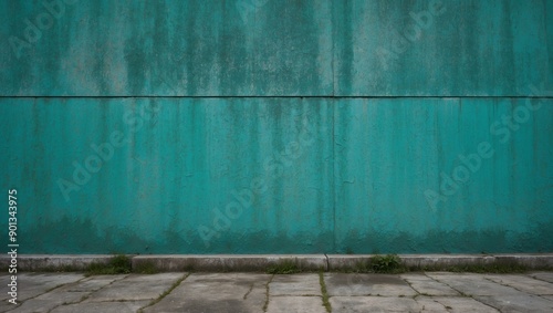 Teal concrete wall with weathered and stained surface. photo