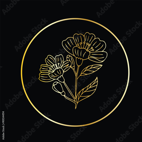 Circle golden line art flower botanical. golden flower illustration. used to be logo, invitation templates layout