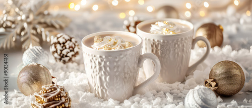 Happy new year or Christmas mockup. Ceramic white cup or mug with hot chocolate, foam, coffee, tea with decorations on christmas background. Cozy wintertime leisure. Generative ai