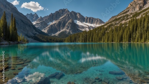 Beautiful mountain lake with clear water and trees.