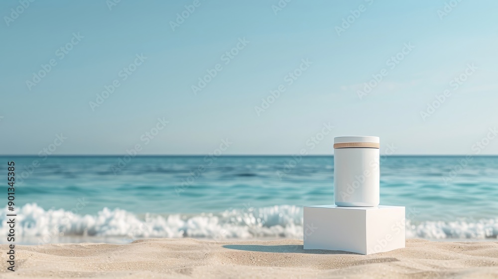 A white podium on a sandy beach showcases sunscreen with turquoise water and blue sky. A white podium on a sandy beach showcases sunscreen with turquoise water and blue sky.