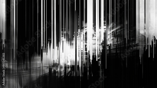 Glitch, fine thin lines, sound waves, chaos, black on white