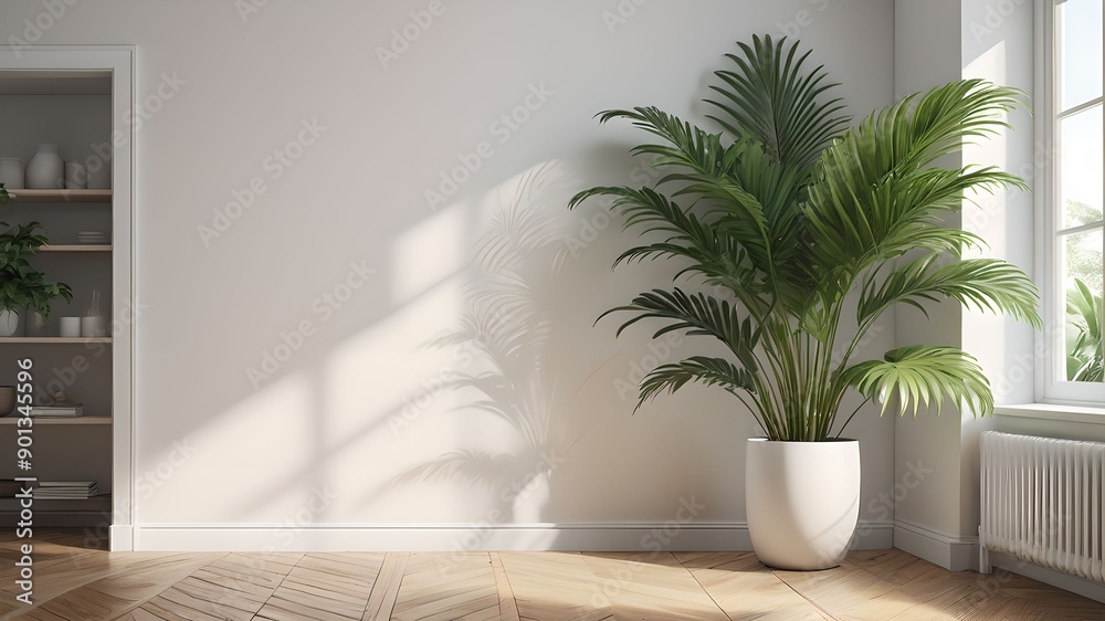 Fototapeta premium White Wall with Palm Leaves and Shadow Play